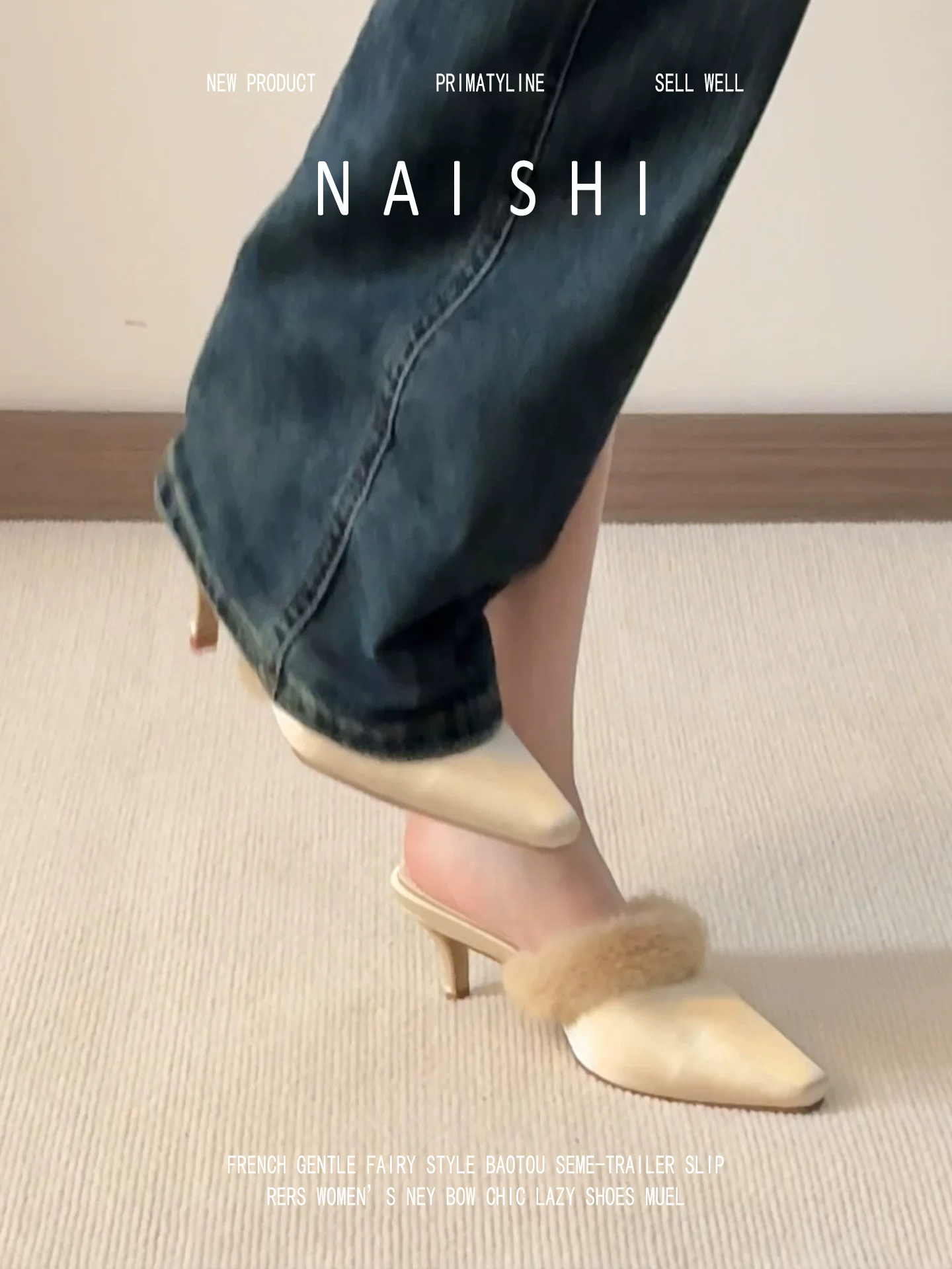 Phiên bản da cừu! Dép nửa kín mũi kiểu Pháp phối cùng váy, giày lông phong cách tiên nữ, giày mules mũi vuông gót thấp.