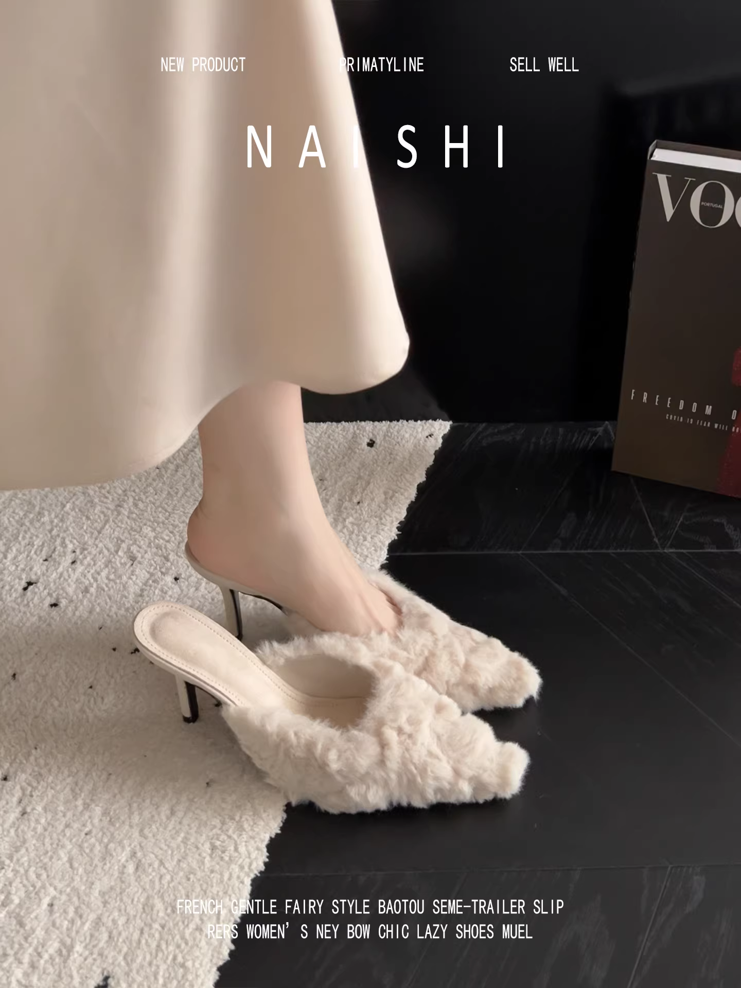 Phiên bản da cừu! Dép lông mũi nhọn kiểu Pháp dành cho nữ, dép nửa kín mũi cao cấp, kiểu xỏ ngón, giày cao gót dự tiệc.