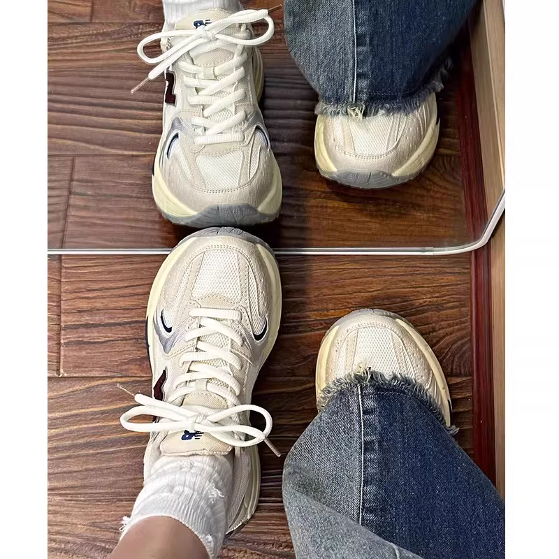 Phiên bản da bò! Giày bố đế dày bằng da thật cổ điển dành cho nữ sinh, giày chạy bộ có lưới thoáng khí màu trắng dành cho các môn thể thao thông thường.