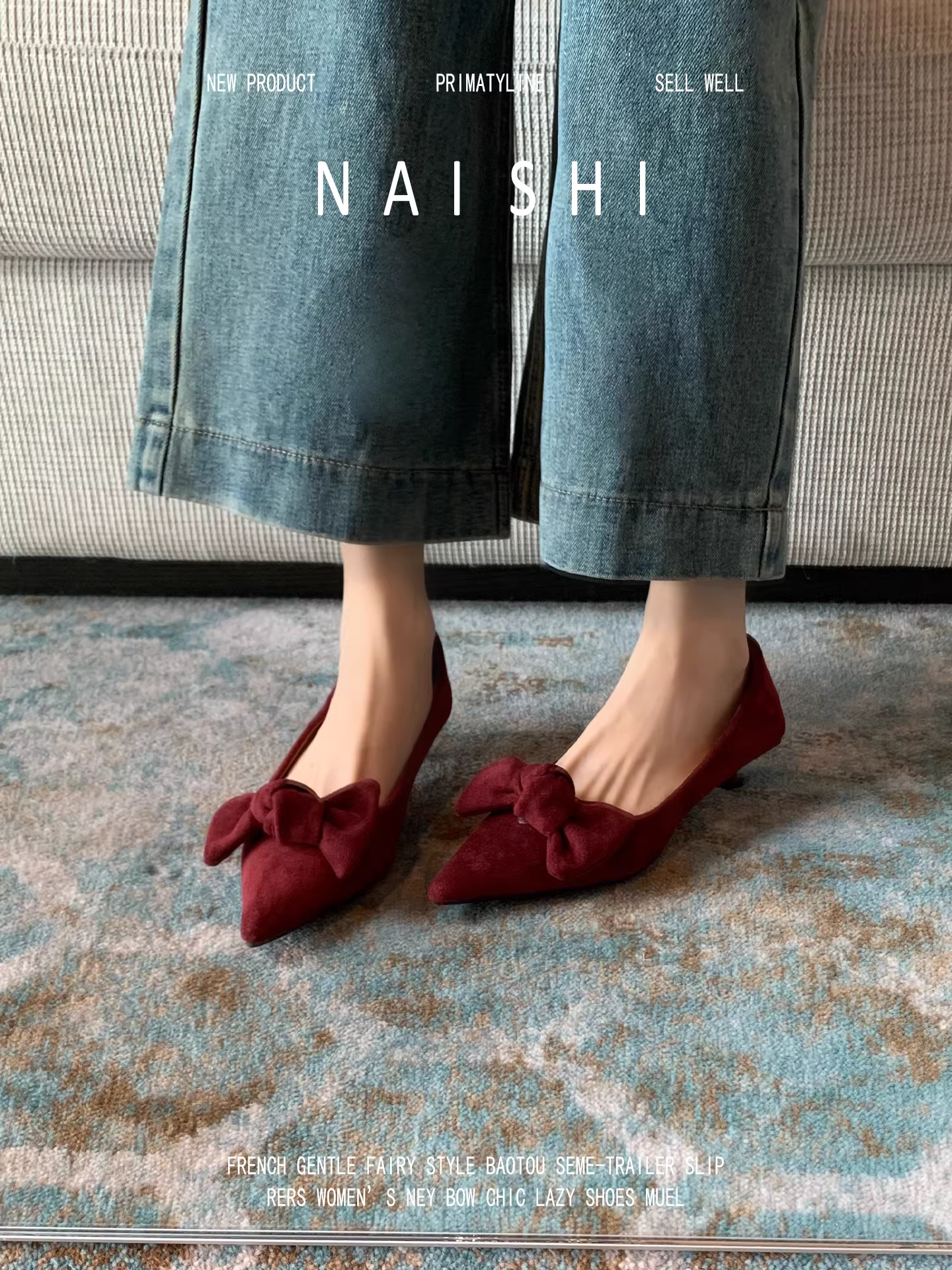 Phiên bản da cừu! Giày cao gót mũi nhọn kiểu cổ điển, phong cách dạ hội Pháp, giày cao gót mũi nhọn màu đỏ da lộn có nơ.