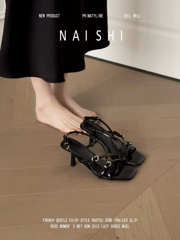 Phiên bản da cừu! Dép cao gót mũi vuông, hở mũi dành cho nữ, giày quai ngang thanh lịch, giày cao gót kiểu Pháp.