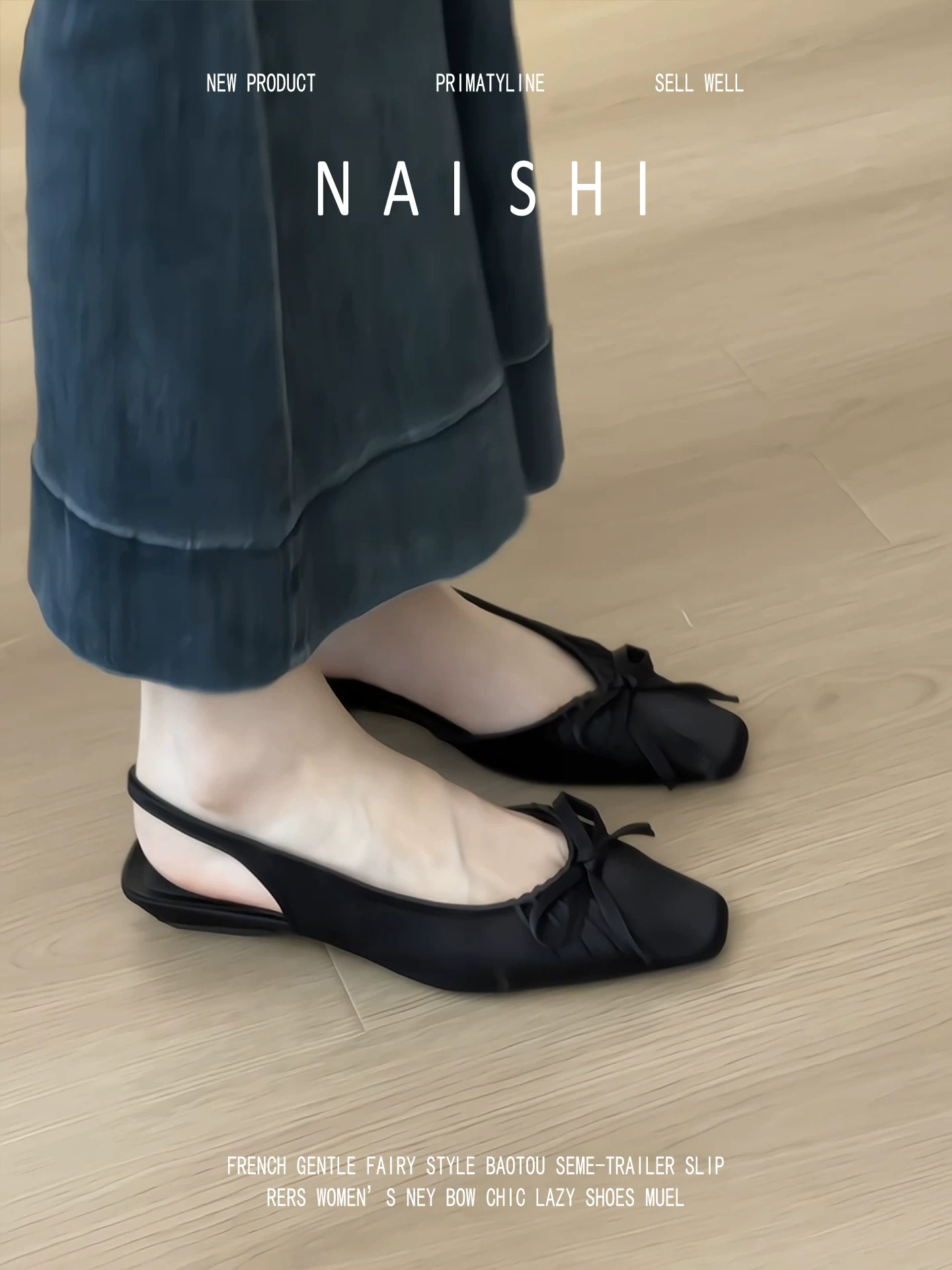 Phiên bản da cừu! Dép quai ngang bằng vải satin Pháp dành cho nữ, mũi vuông, nơ xếp ly thanh lịch, giày cao gót thấp màu đen không có gót.