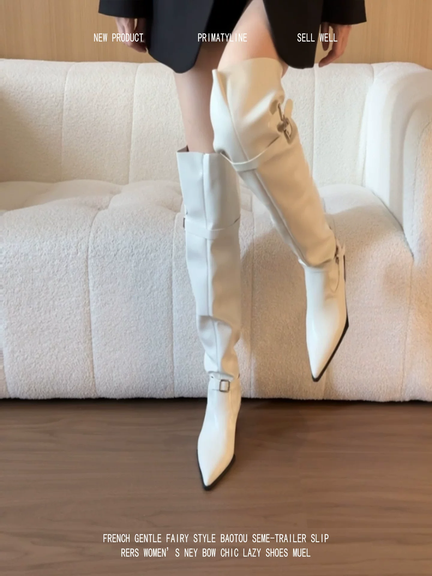 Phiên bản da cừu! Giày bốt nữ cao quá đầu gối mũi nhọn, có khóa thắt lưng, thân rộng, gót dày thon gọn, kiểu bốt miền Tây màu trắng.