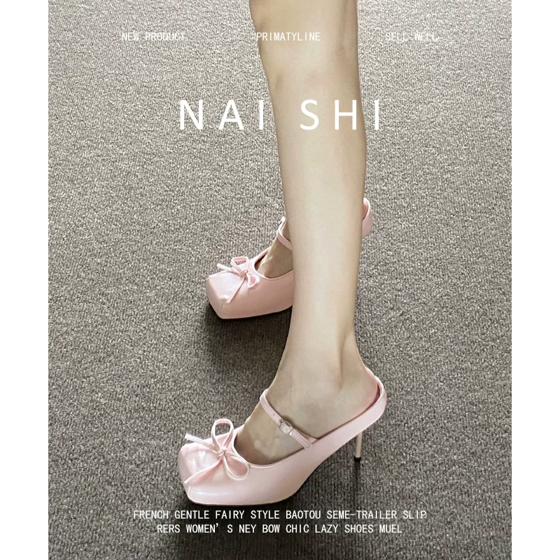 Phiên bản da cừu! Dép quai ngang màu hồng dành cho nữ, giày cao gót mũi vuông kiểu Mary Jane, dép kín mũi kiểu ballet.