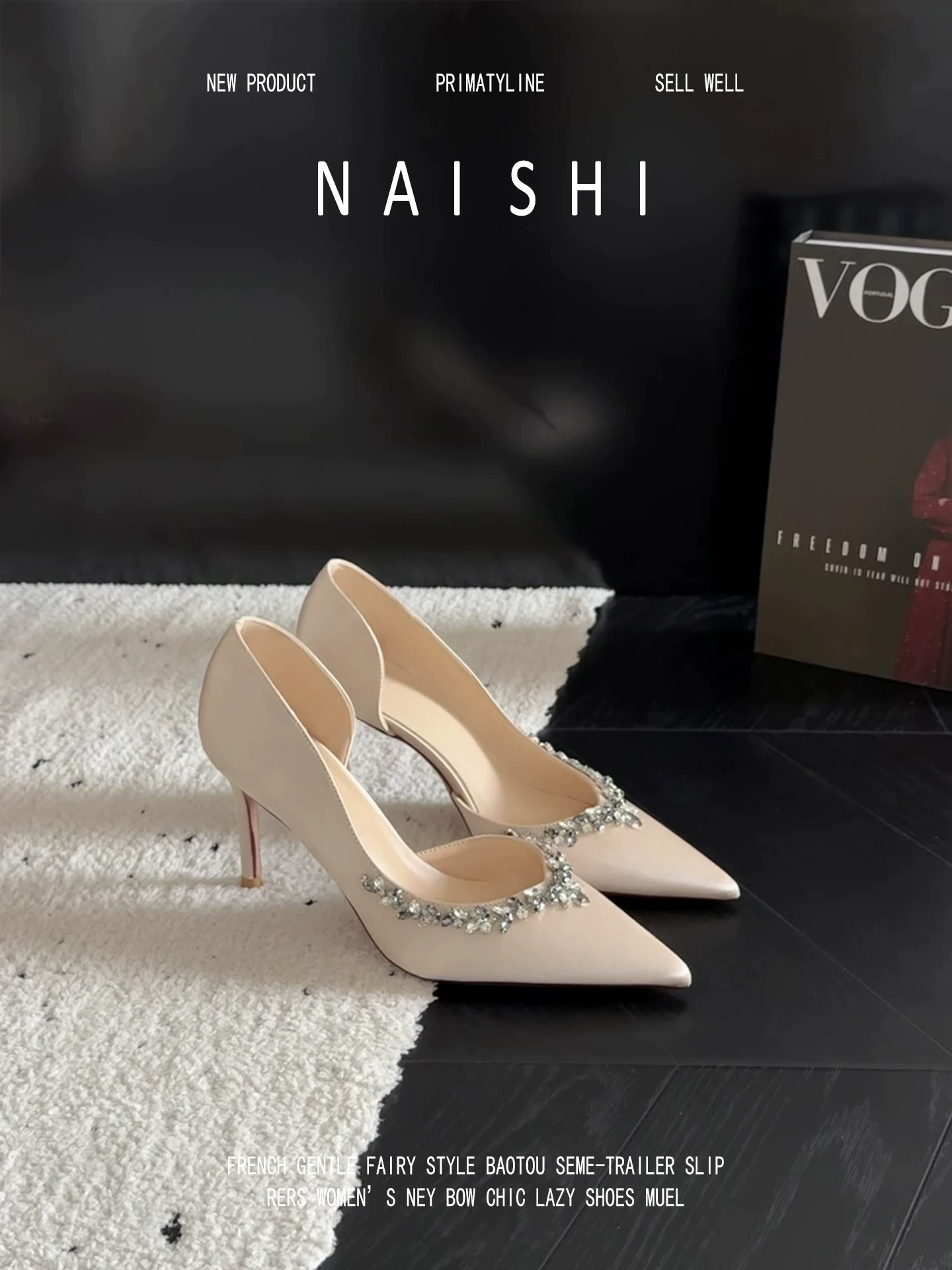 Phiên bản da cừu! Giày cao gót kiểu Pháp bằng satin dành cho nữ, kiểu xỏ ngón, phối chân váy, mũi nhọn đính đá, kiểu cắt bên.