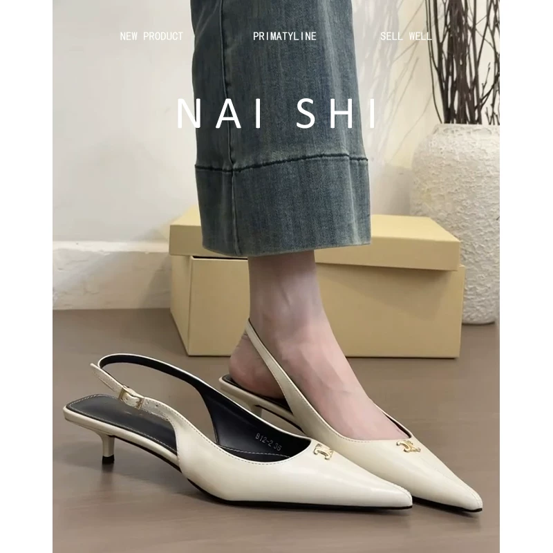 Phiên bản da cừu! Giày mules mũi nhọn dành cho nữ với gót kitten, khóa kim loại, kiểu dáng thanh lịch kiểu Chanel.