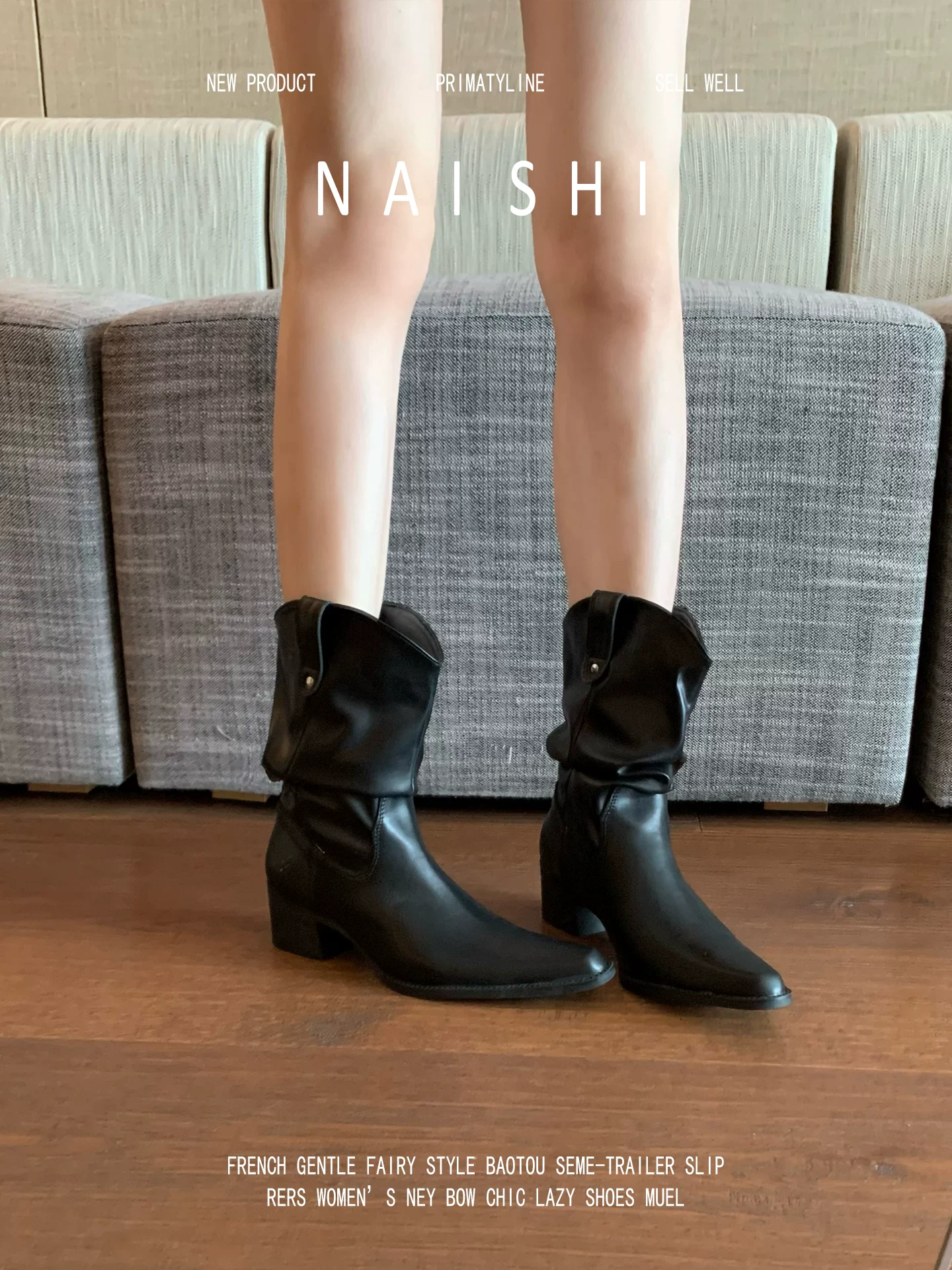 Phiên bản da cừu! Giày bốt cưỡi ngựa màu đen kiểu chữ V dành cho nữ, gót dày, bốt ngắn, bốt lười, phong cách wasteland, mũi nhọn, bốt cao bồi miền Tây.