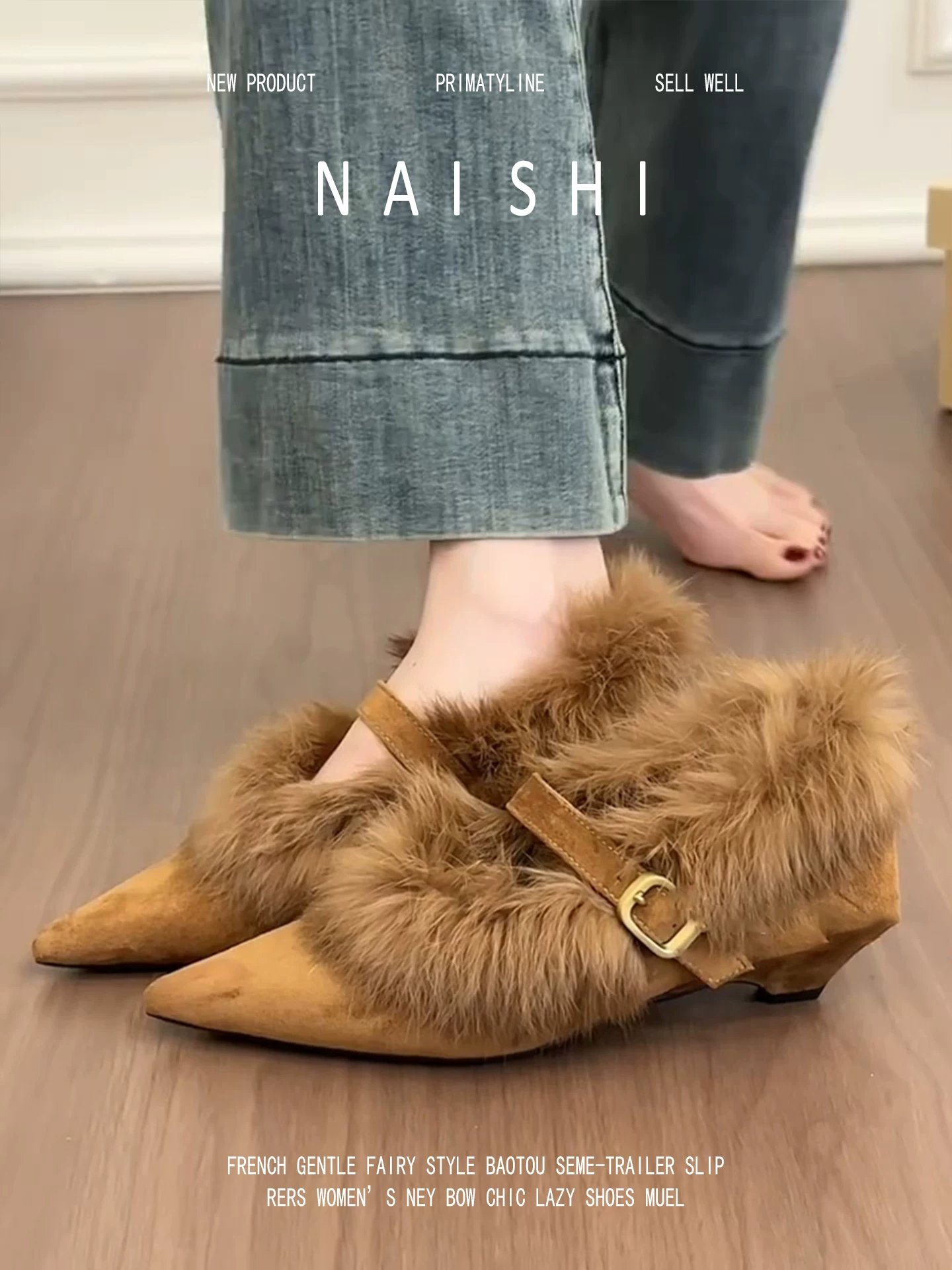 Phiên bản da cừu! Giày mũi nhọn lông thú phong cách Âu Mỹ dành cho nữ, giày bệt lót lông giữ ấm mùa đông, giày cao gót đế xuồng đi làm.
