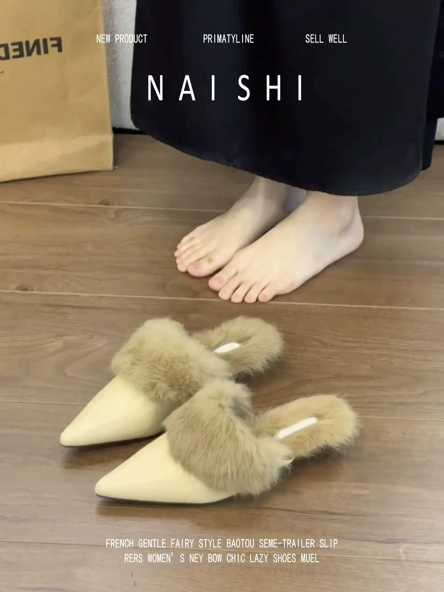 Phiên bản da cừu! Dép nửa kín mũi kiểu Âu Mỹ dành cho nữ, dép lông mũi nhọn đi ngoài trời, dép lê đế xuồng lót lông mùa đông.