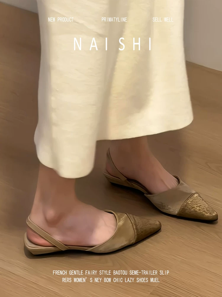 Phiên bản da cừu! Dép sandal nữ chất liệu satin Pháp, kiểu dáng phối màu, mũi kín, quai đơn, gót thấp, mũi nhọn.