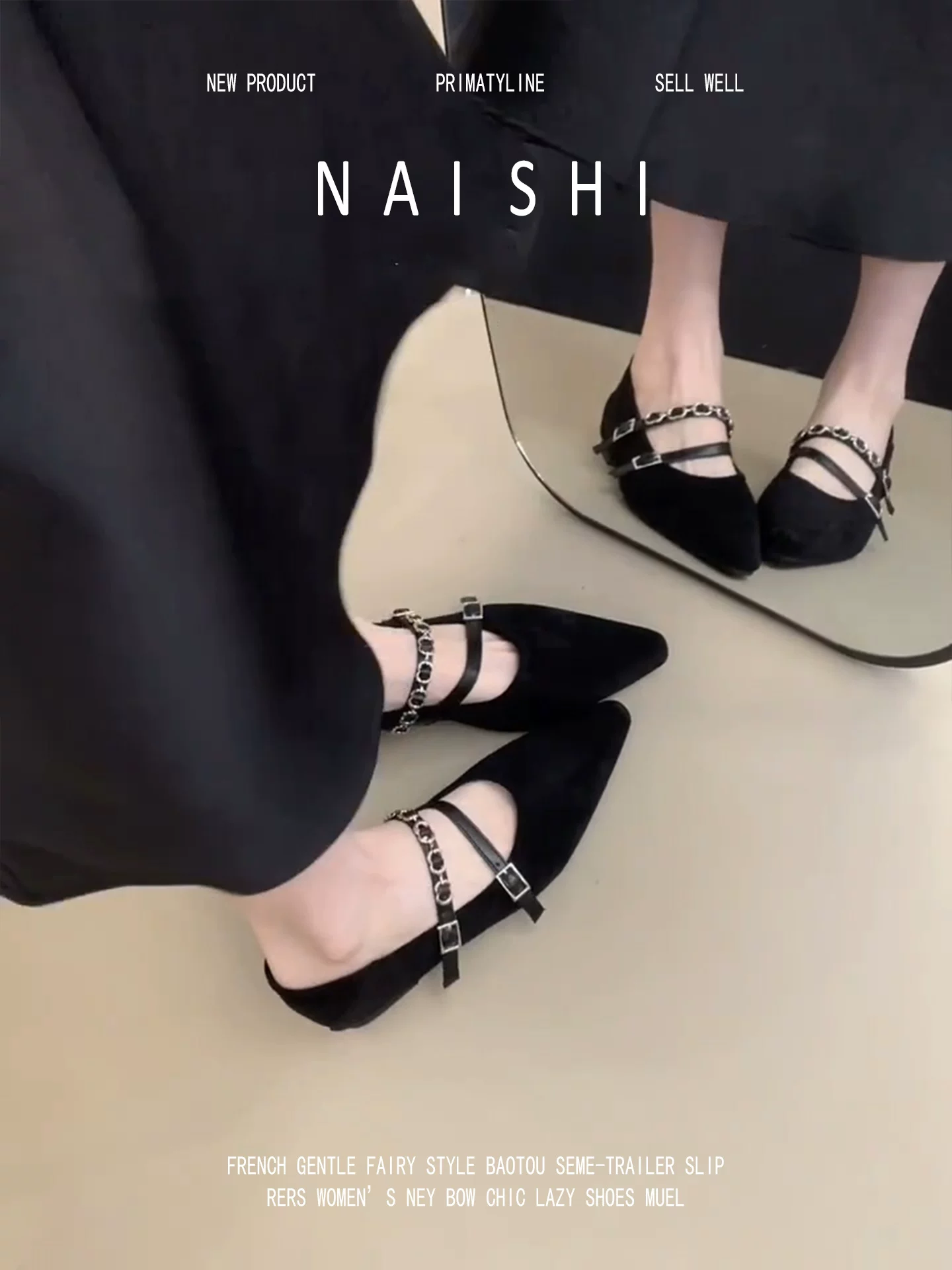 Phiên bản da cừu! Giày Mary Jane mũi nhọn cổ điển có dây đeo dạng xích, gót giấu, phong cách đi làm, giày lười da lộn.