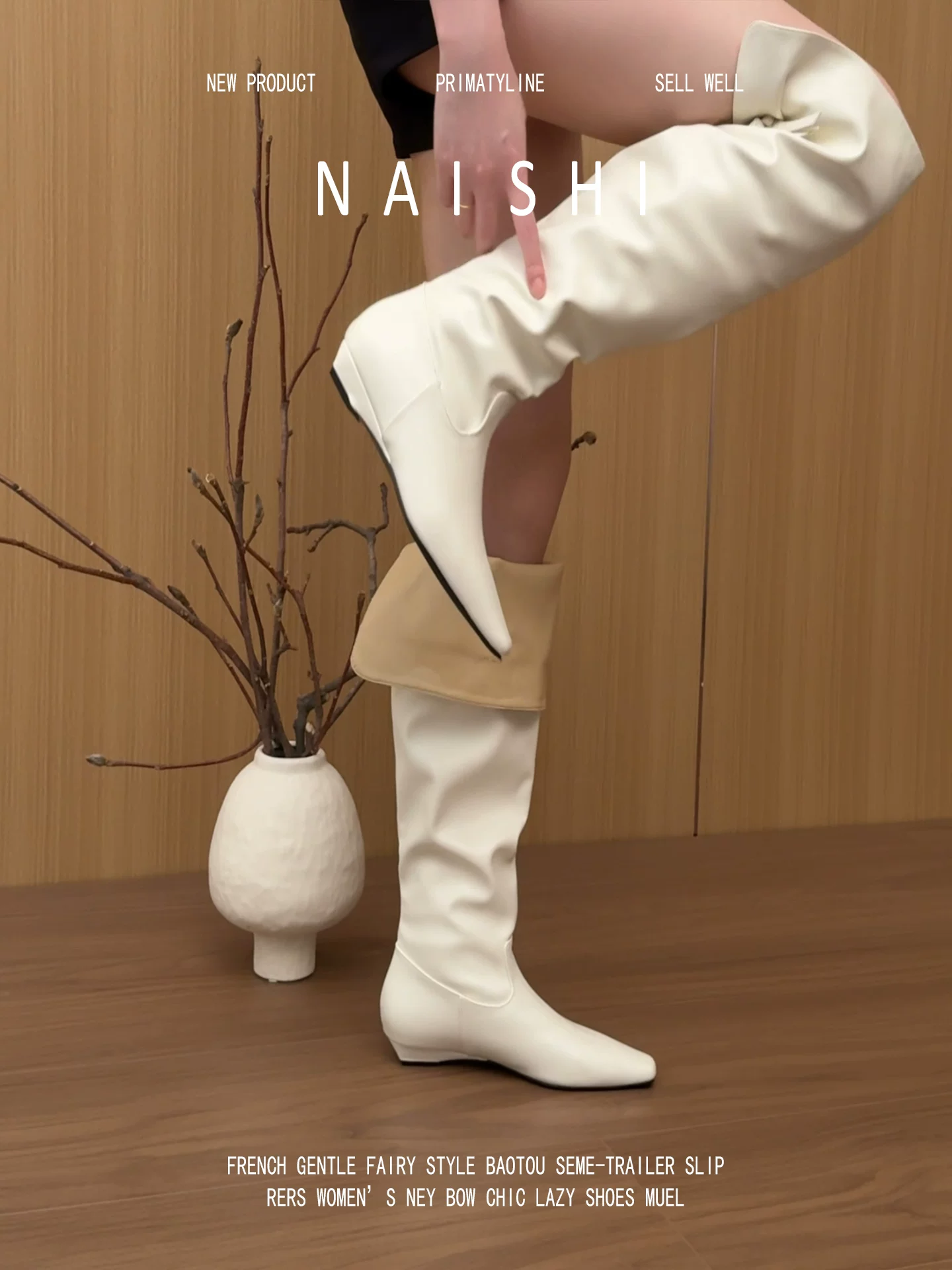 Phiên bản da cừu! Giày bốt cao quá đầu gối màu trắng, kiểu nữ tính, gót wedge, mũi nhọn, phong cách Anh, kiểu cao bồi miền Tây.