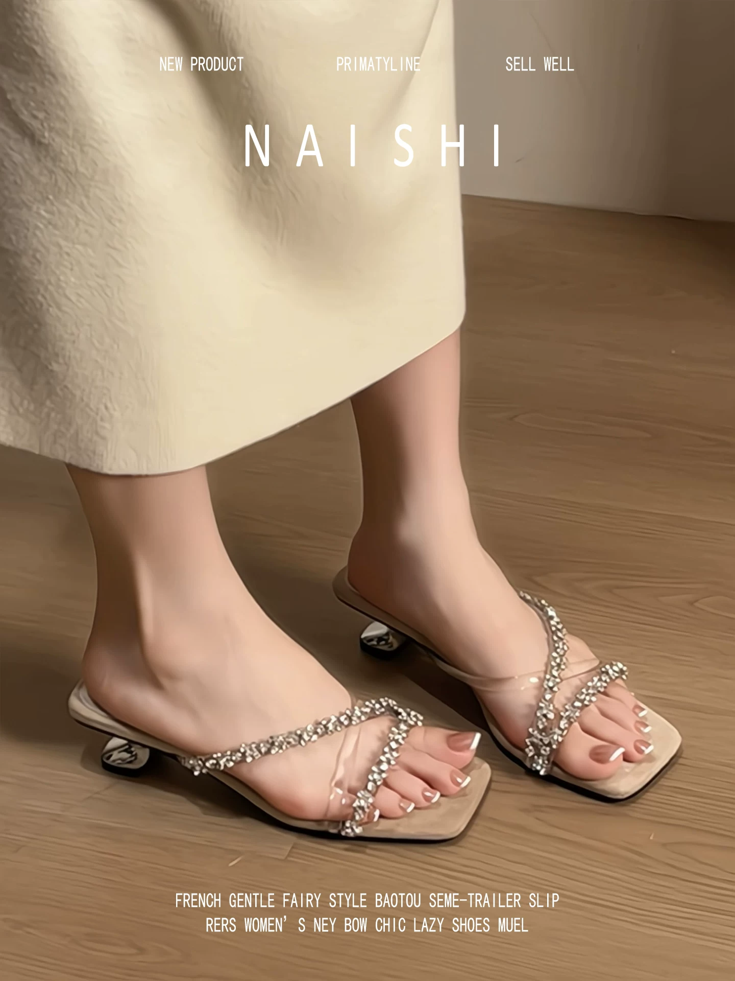 Phiên bản da cừu! Dép quai ngang đính đá kiểu Pháp dành cho nữ, phong cách tiên nữ mùa hè, dép đế xuồng mũi vuông hở mũi thanh lịch.