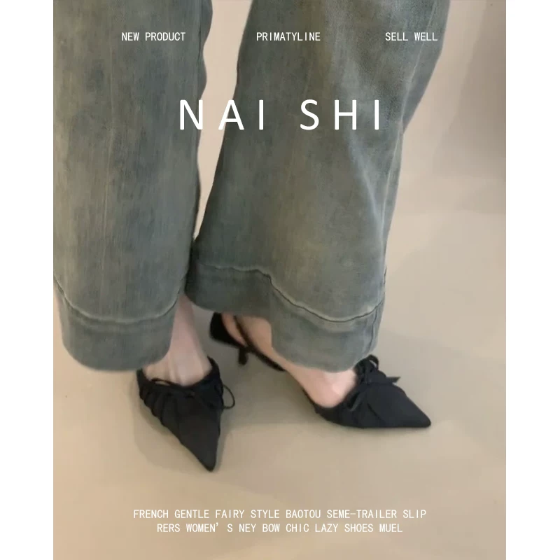 Phiên bản da cừu! Giày mules mũi nhọn kiểu Pháp dành cho nữ, giày cao gót satin thắt nơ thanh lịch dành cho quý cô, phối cùng váy, lưng hở.