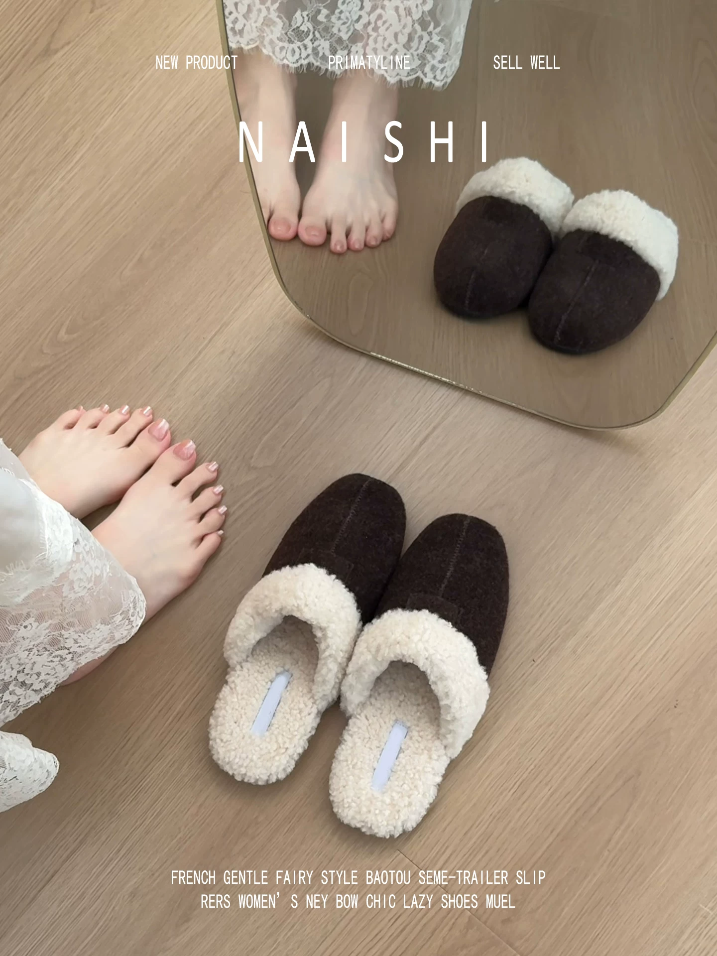 Phiên bản da cừu! Dép lê kiểu Hàn Quốc, mũi kín, nửa dép, lót lông cừu, dép lông mềm mại dành cho nữ.