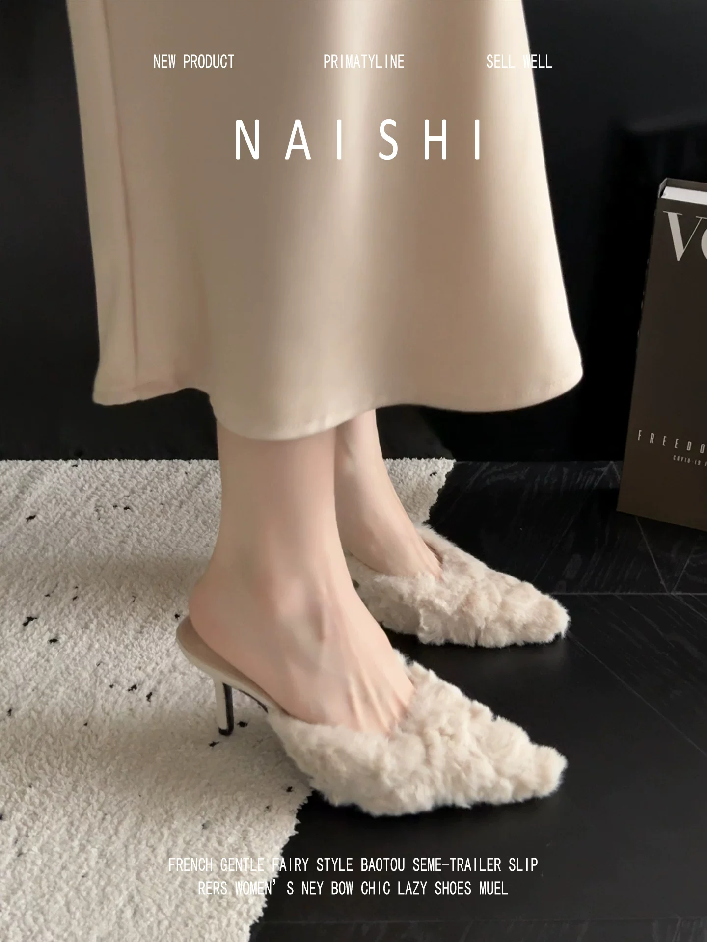 Phiên bản da cừu! Dép lông mũi nhọn kiểu Pháp dành cho nữ, dép nửa kín mũi cao cấp, kiểu xỏ ngón, giày cao gót dự tiệc.