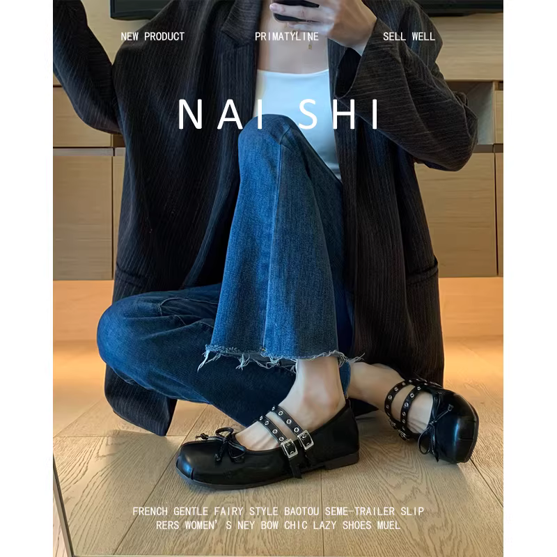 Phiên bản da cừu! Giày Mary Jane kiểu Pháp, giày ba lê đế bằng mũi tròn kiểu Nhật dành cho nữ, giày da đen thắt nơ.