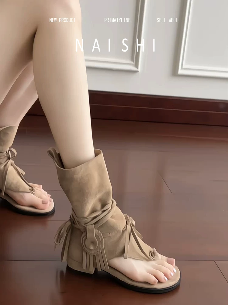 Phiên bản da cừu! Dép quai ngang tua rua cổ điển dành cho nữ, bốt ngắn kiểu Tây Melard, dép xỏ ngón kiểu La Mã