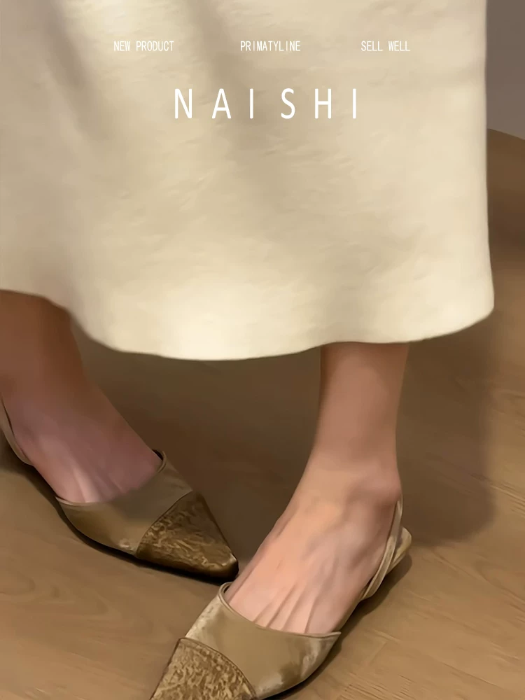 Phiên bản da cừu! Dép sandal nữ chất liệu satin Pháp, kiểu dáng phối màu, mũi kín, quai đơn, gót thấp, mũi nhọn.