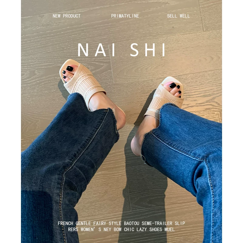 Phiên bản da cừu! Dép cao gót dệt kim thời trang phong cách Hàn Quốc dành cho nữ, dép xỏ ngón mũi vuông gót thô kiểu dáng độc đáo.