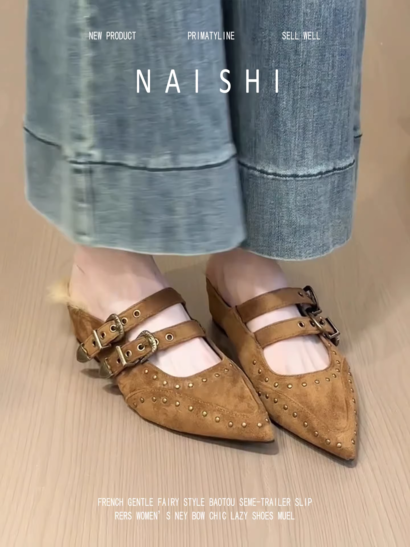 Phiên bản da cừu! Giày mules mũi nhọn cổ điển dành cho nữ, có đinh tán, quai đơn, lót lông cừu, tăng chiều cao.