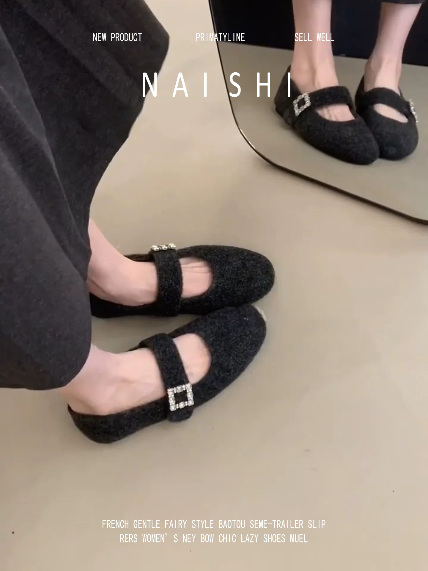 Phiên bản da cừu! Giày đơn bằng len màu xám phong cách Hàn Quốc dành cho nữ có quai đính đá, giày Mary Jane lông mềm phối cùng váy, giày lông thú.