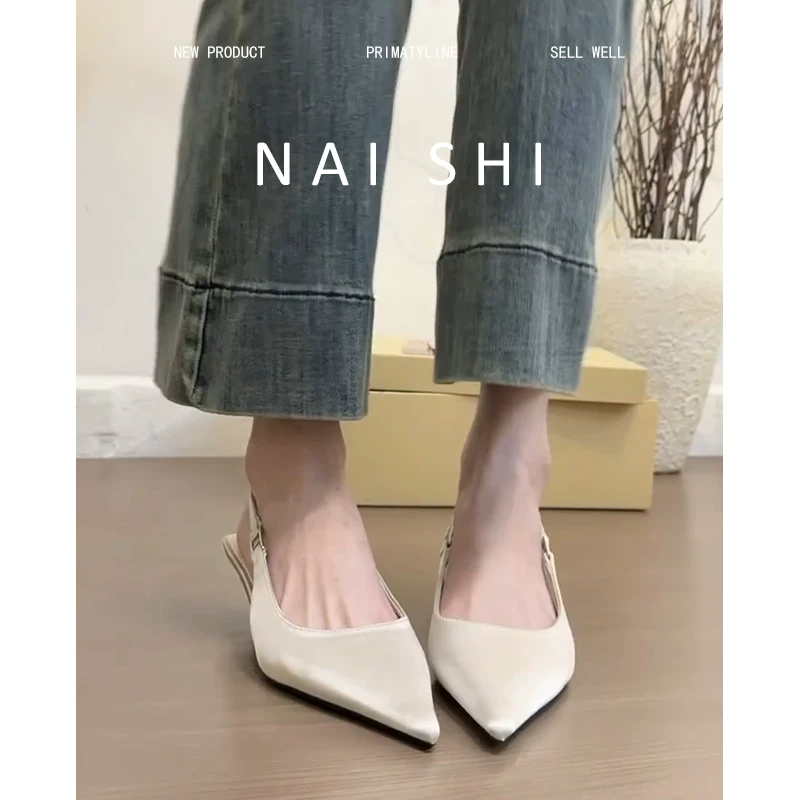 Phiên bản da cừu! Giày mules mũi nhọn dành cho nữ, giày cao gót kiểu Pháp đế thấp, giày satin không gót kiểu tiên nữ.
