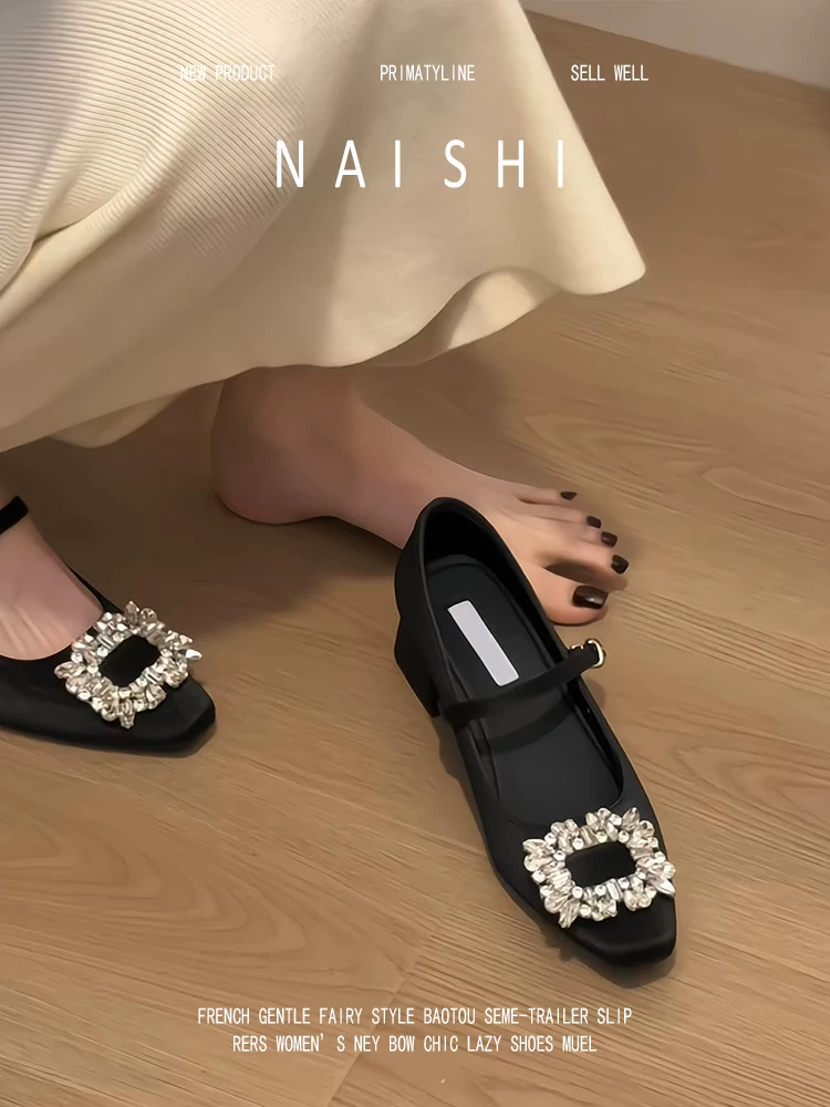 Phiên bản da cừu! Giày Mary Jane bằng satin có khóa vuông đính đá kiểu Pháp dành cho nữ, quai đơn, kiểu dáng dạ hội, phù hợp với váy, gót dày.