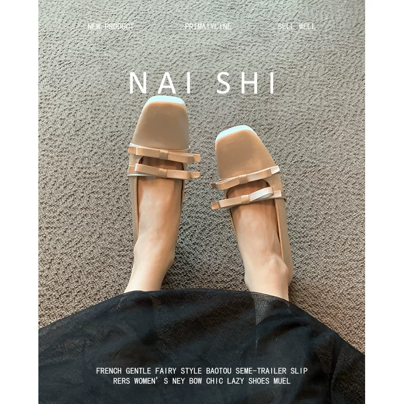 Phiên bản da cừu! Giày lười mũi vuông bằng satin dành cho nữ, kiểu tiên nữ, phù hợp với váy, giày Mary Jane gót thô.