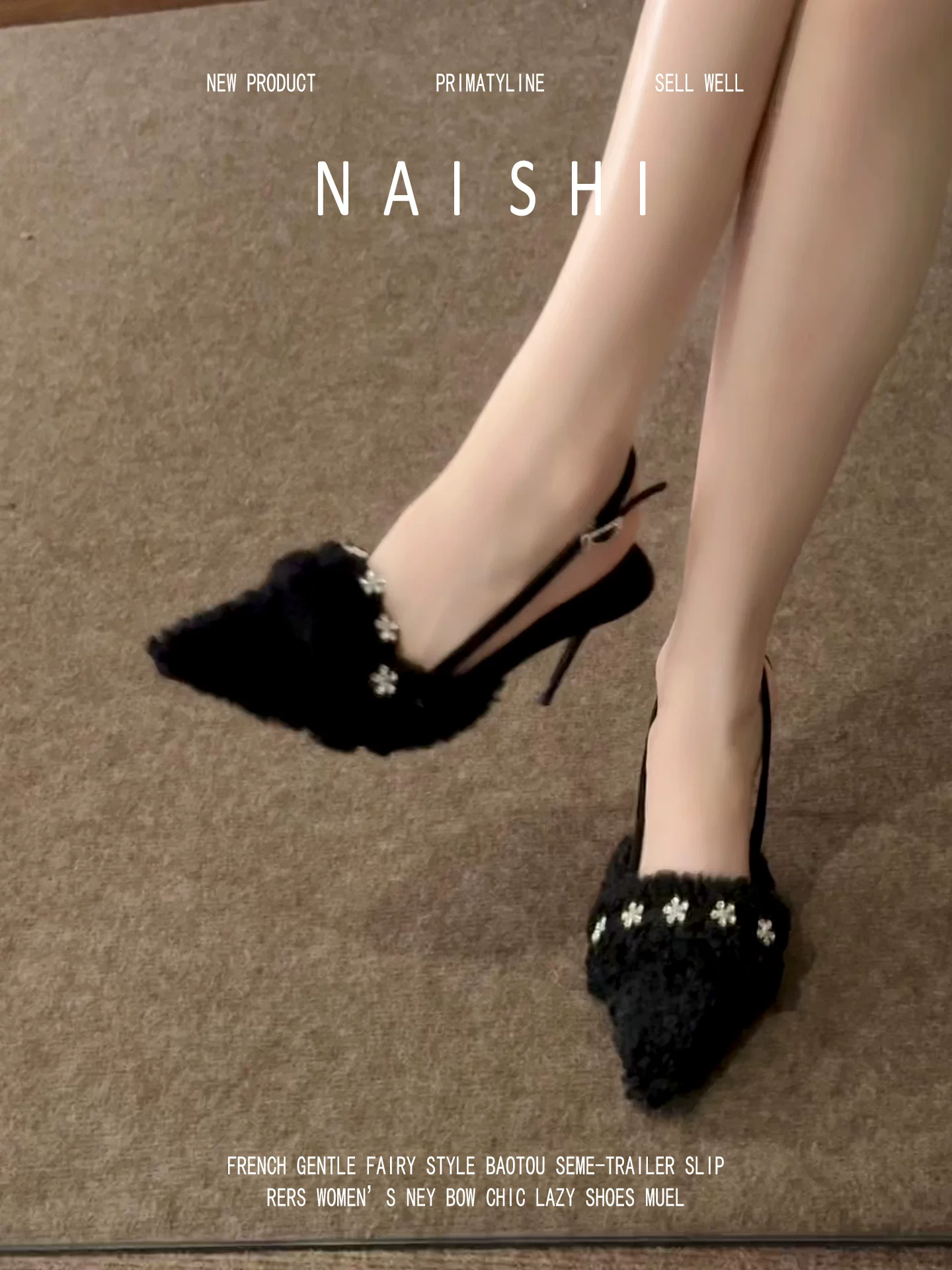 Phiên bản da cừu! Dép sandal nữ đính đá phong cách quý tộc Pháp, giày cao gót mũi nhọn ấm áp bằng lông nhung, thiết kế sang trọng.