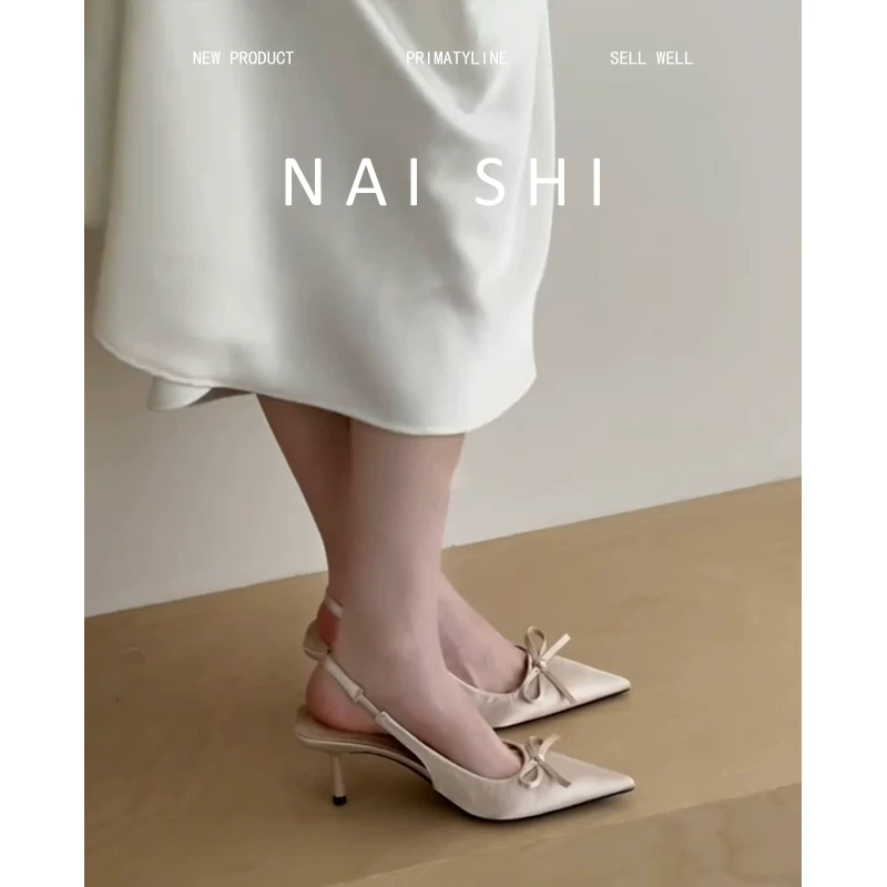 Phiên bản da cừu! Giày mules cao gót mũi nhọn dành cho nữ có nơ, giày cao gót không gót bằng satin, giày cao gót phối chân váy, giày đơn.