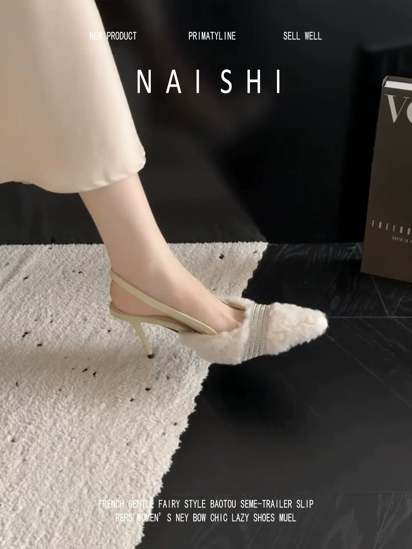 Phiên bản da cừu! Giày cao gót mũi nhọn đính đá phong cách Pháp dành cho nữ, có quai đơn và lưng hở, gót nhọn dành cho các bữa tiệc.