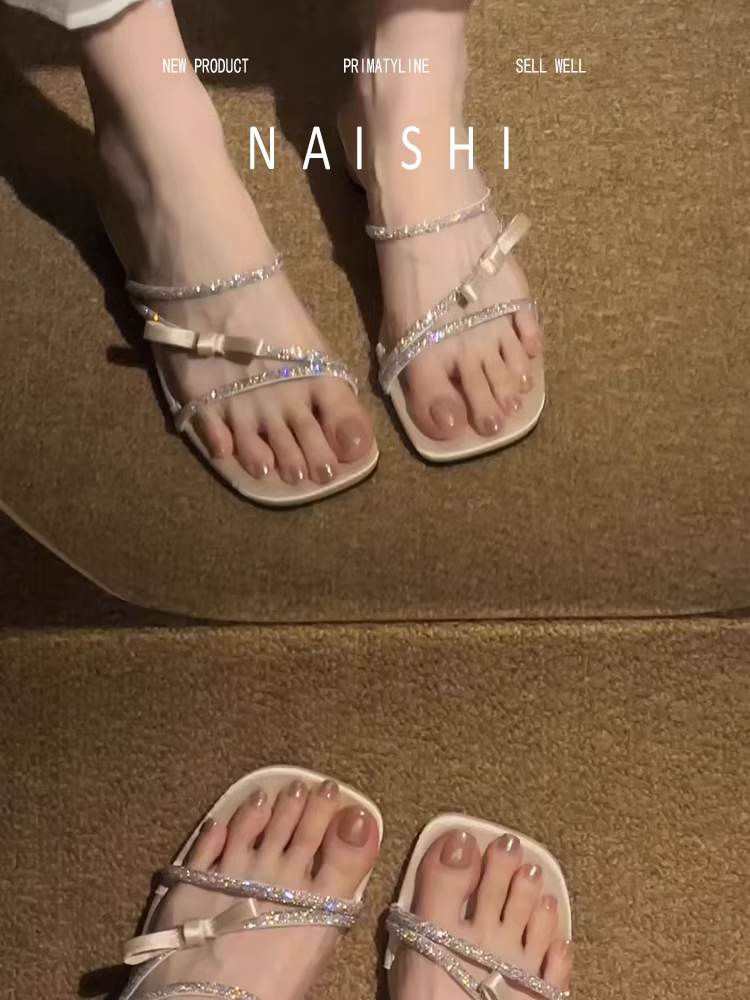 Phiên bản da cừu! Dép quai ngang đính đá cho nữ, mũi vuông kiểu Pháp, hở mũi, thích hợp phối với váy, dép gót thô.