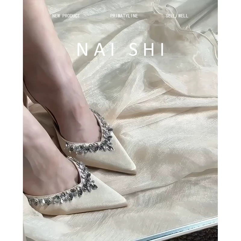 Phiên bản da cừu! Giày đơn đính đá phong cách Pháp, dép quai hậu bằng satin, giày cưới, giày cao gót màu sâm panh đa năng cho cả váy cưới và trang phục thường ngày.