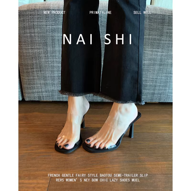 Phiên bản da cừu! Giày cao gót quai trong suốt mũi vuông, giày cao gót kiểu Pháp thanh lịch gợi cảm dành cho phụ nữ đi dạo ngoài trời.