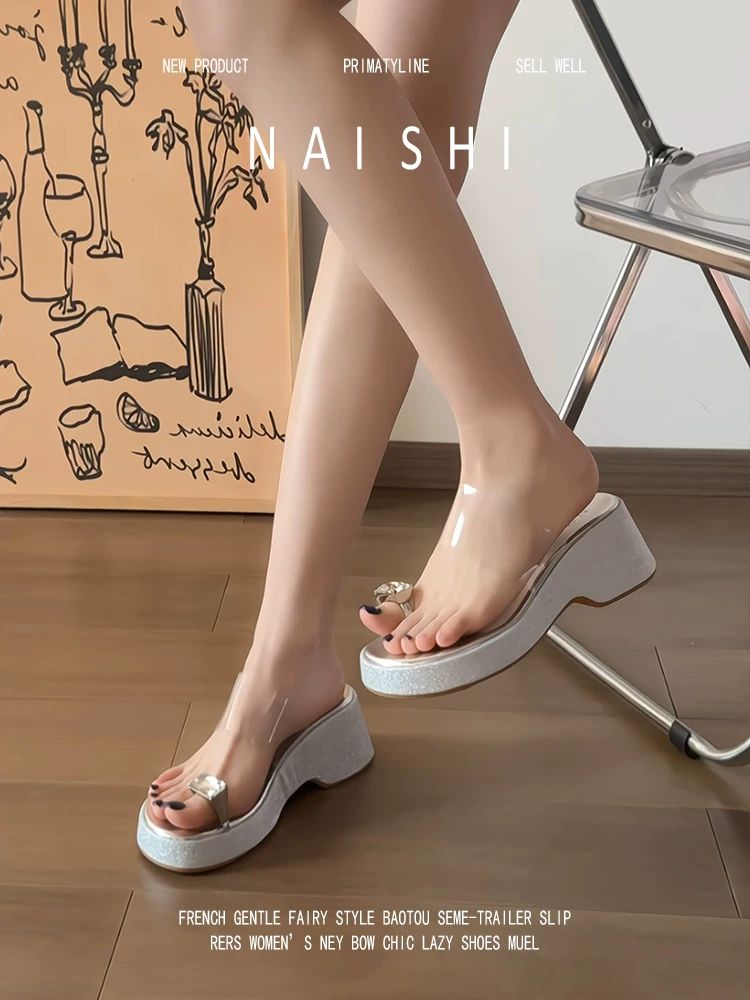 Phiên bản da cừu! Dép quai ngang đính đá kiểu Pháp dành cho nữ, dép đế xuồng quai đơn trong suốt, dép đi biển hở mũi.