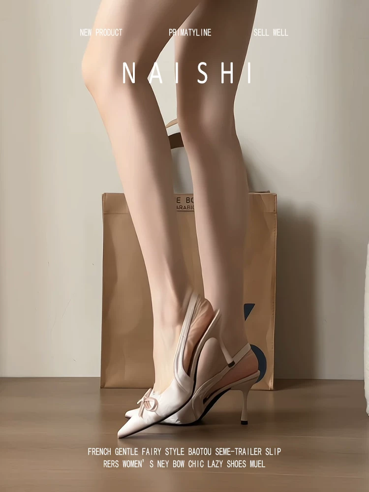 Phiên bản da cừu! Giày cao gót mũi nhọn, dây buộc nơ, chất liệu satin dành cho nữ, kiểu dáng tiên nữ Pháp, gót nhọn, sandal không gót, mũi kín.