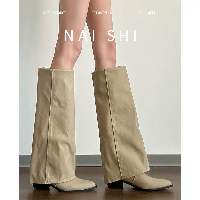 Phiên bản da cừu! Giày cao cổ kiểu hiệp sĩ dành cho nữ, giày cao gót kiểu retro, giày cao bồi mũi nhọn tôn dáng, gót dày.