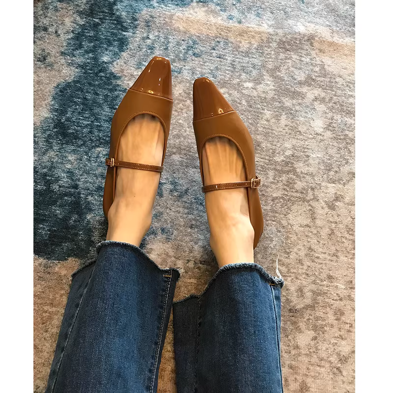 Phiên bản da cừu! Giày Mary Jane mũi vuông nhỏ kiểu Pháp thanh lịch dành cho nữ, đế bằng có một dây đeo, giày đế thấp nhẹ nhàng.