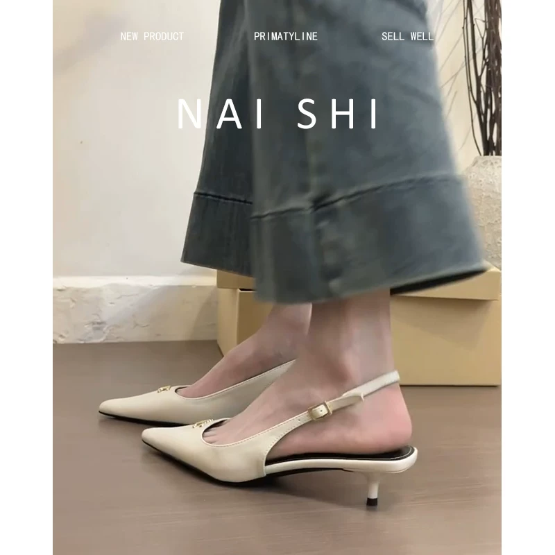 Phiên bản da cừu! Giày mules mũi nhọn dành cho nữ với gót kitten, khóa kim loại, kiểu dáng thanh lịch kiểu Chanel.