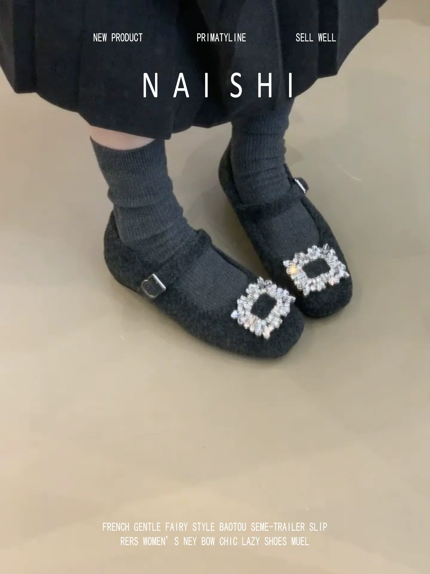 Phiên bản da cừu! Giày Mary Jane len cổ điển dành cho nữ với khóa đơn, khóa vuông đính đá, giày bệt có lót lông cừu, giày dạ hội.