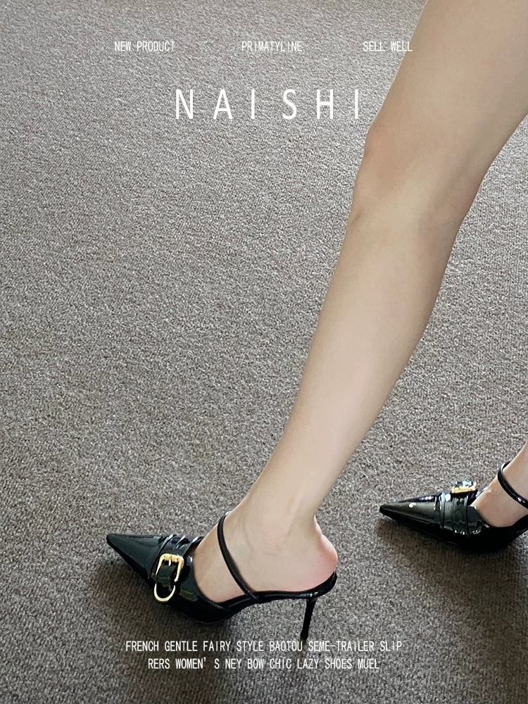 Phiên bản da cừu! Giày cao gót mũi nhọn kiểu Pháp dành cho nữ có khóa thắt lưng, dép kín mũi để đi ngoài trời, giày cao gót, dép quai ngang thanh lịch.