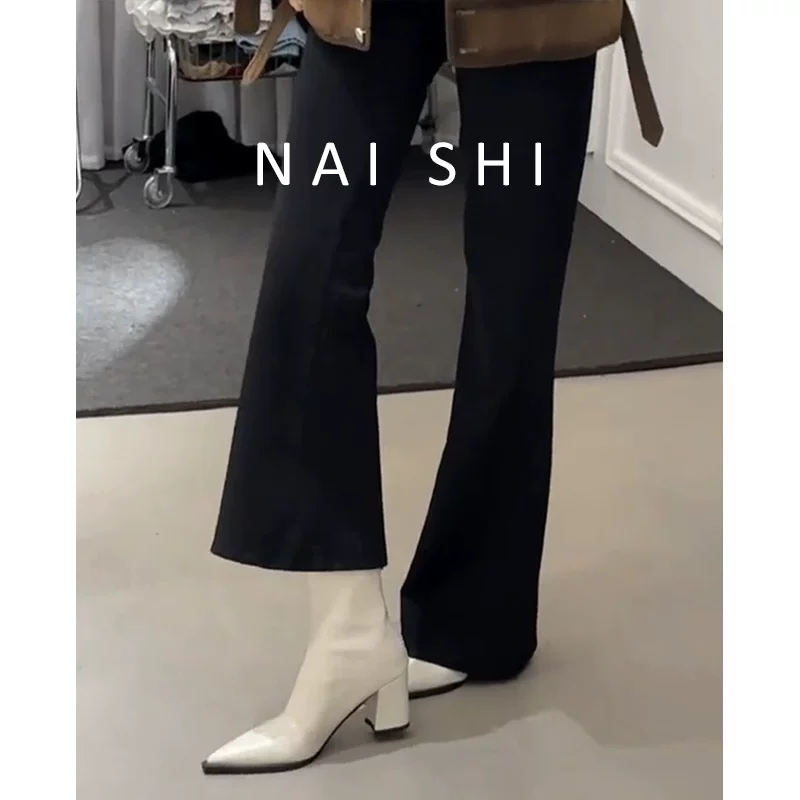 Phiên bản da cừu! Giày bốt cao gót ngắn kiểu Pháp thanh lịch dành cho nữ có khóa kéo phía sau, phiên bản Hàn Quốc, bốt trắng dáng ôm, mũi nhọn, gót thô, bốt co giãn.