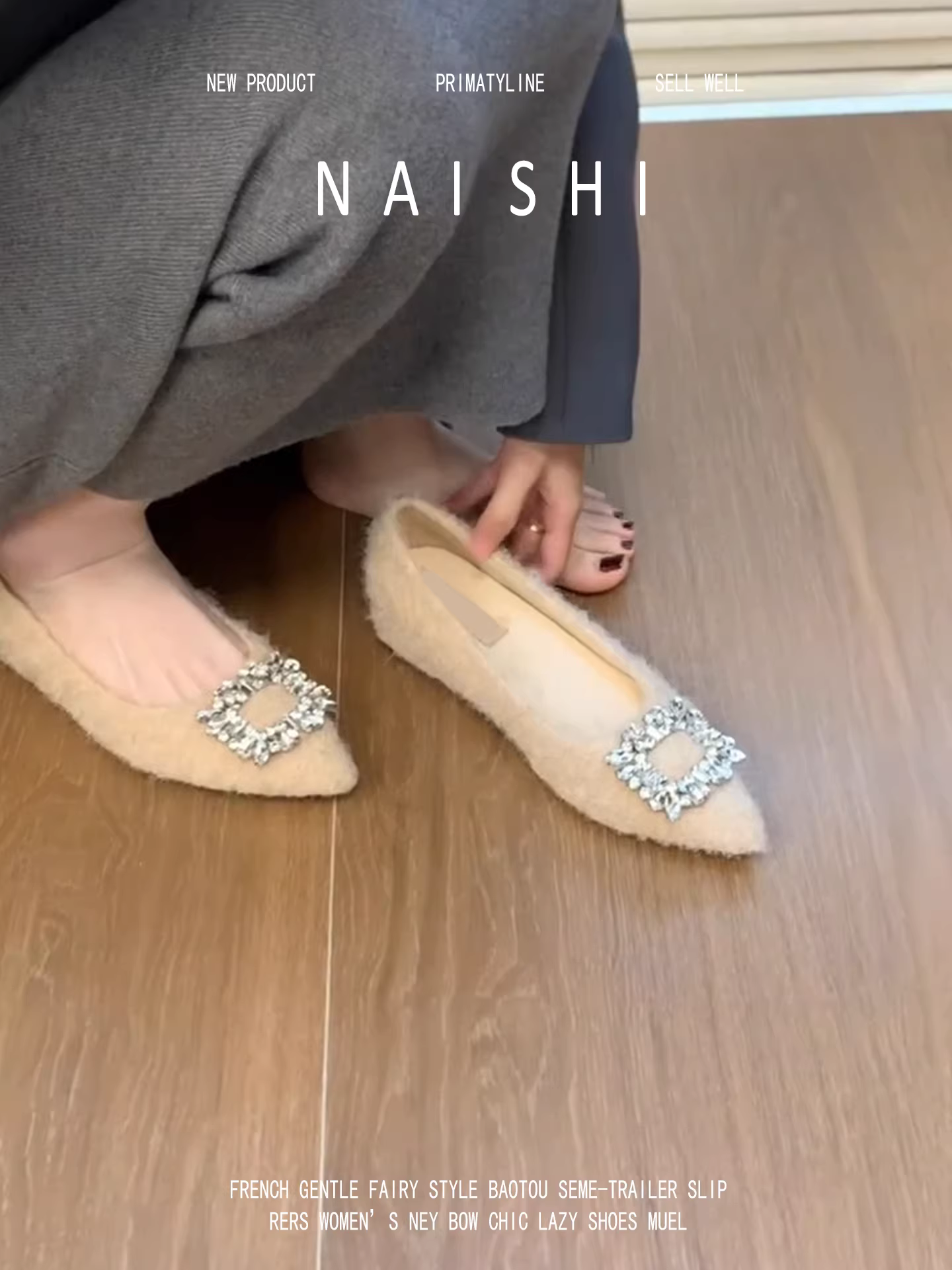 Phiên bản da cừu! Giày lông phong cách Chanel với khóa vuông đính đá, giày Mary Jane thanh lịch, giày mũi nhọn nông kiểu quý tộc Pháp.