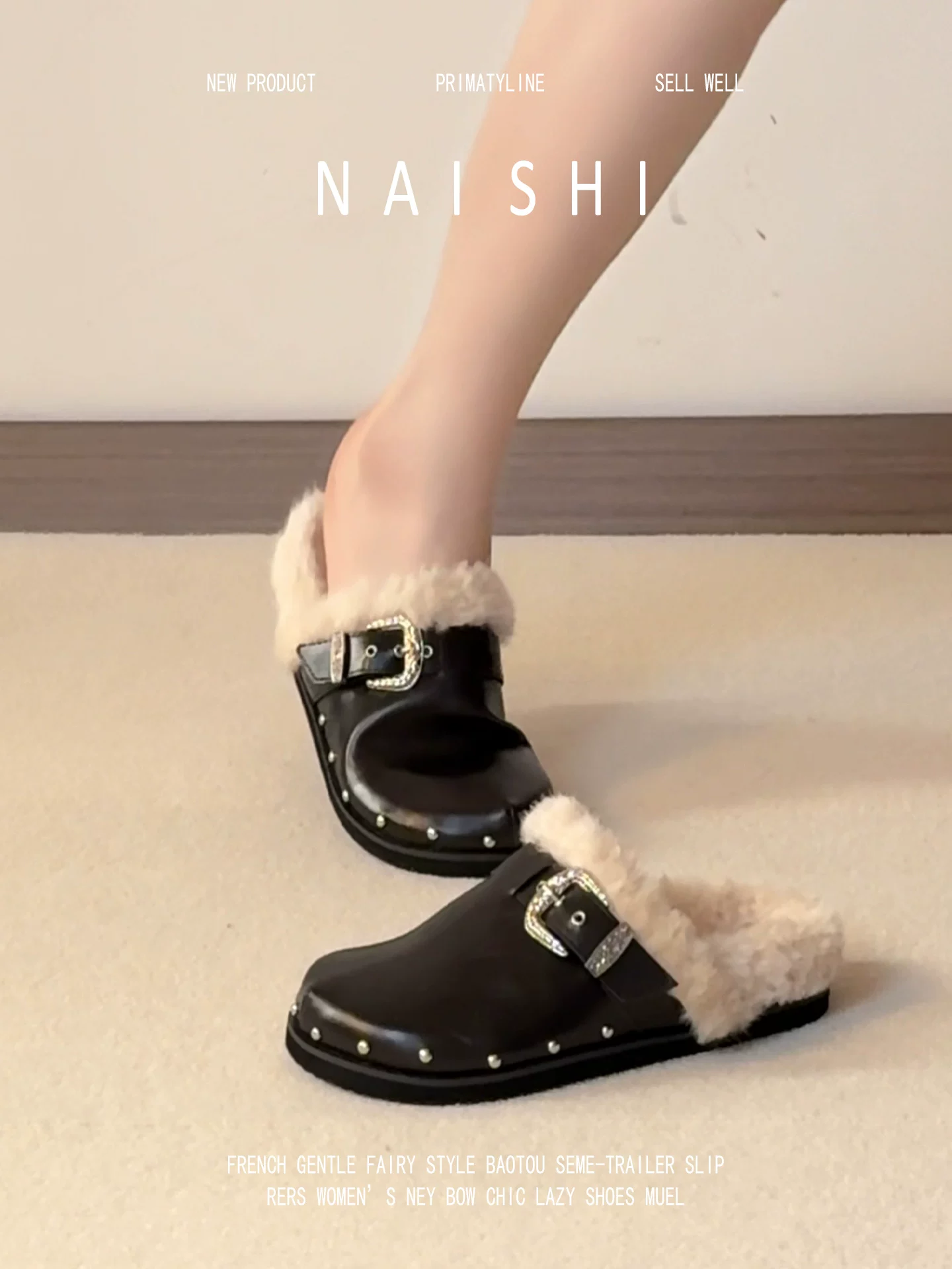 Phiên bản da cừu! Giày Birkenstock lười đi dễ dàng, có lông, trang trí khóa thắt lưng bằng đinh tán, kiểu nửa dép kín mũi, đế dày, dép bông ấm áp.