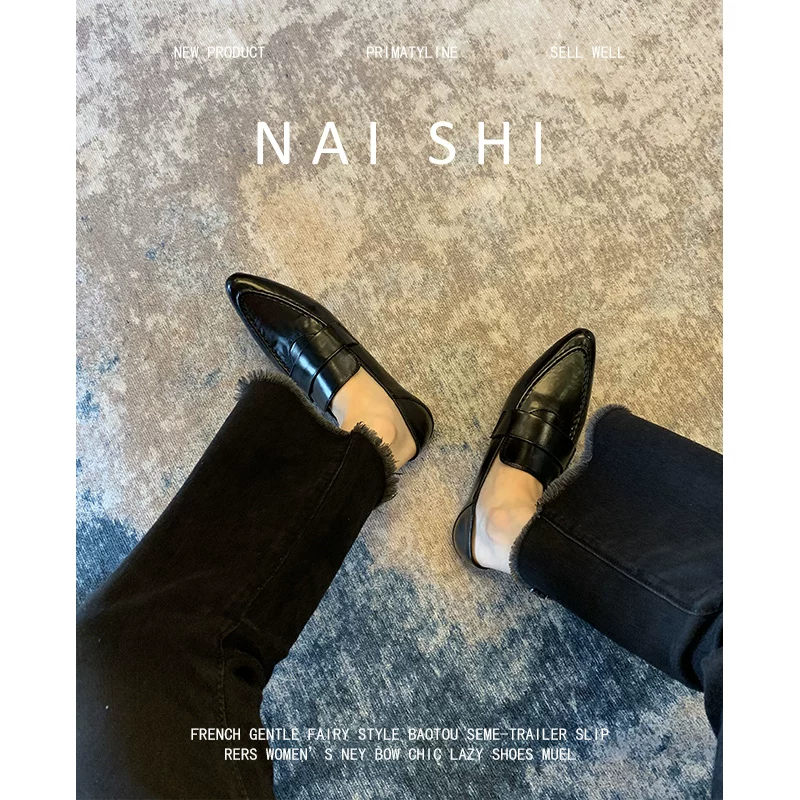 Phiên bản da cừu! Giày lười kiểu Anh dành cho nữ, giày da mũi nhọn kiểu slip-on, giày bệt da thật cổ điển màu đen có gót thấp.