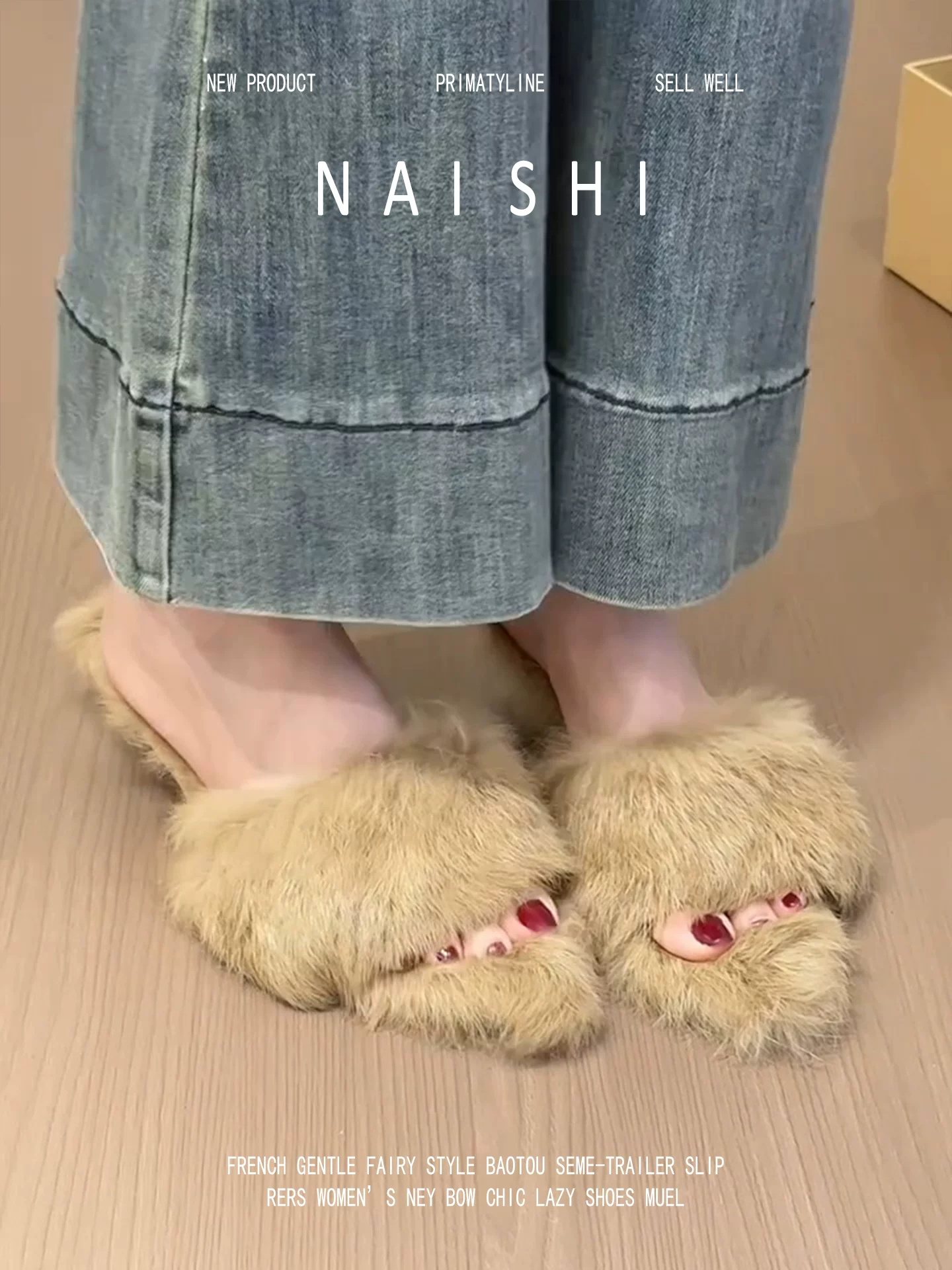 Phiên bản da cừu! Giày lười lông thú kiểu Pháp dành cho nữ, gót thấp, kiểu nửa dép kín mũi, mũi nhọn, lông thú.