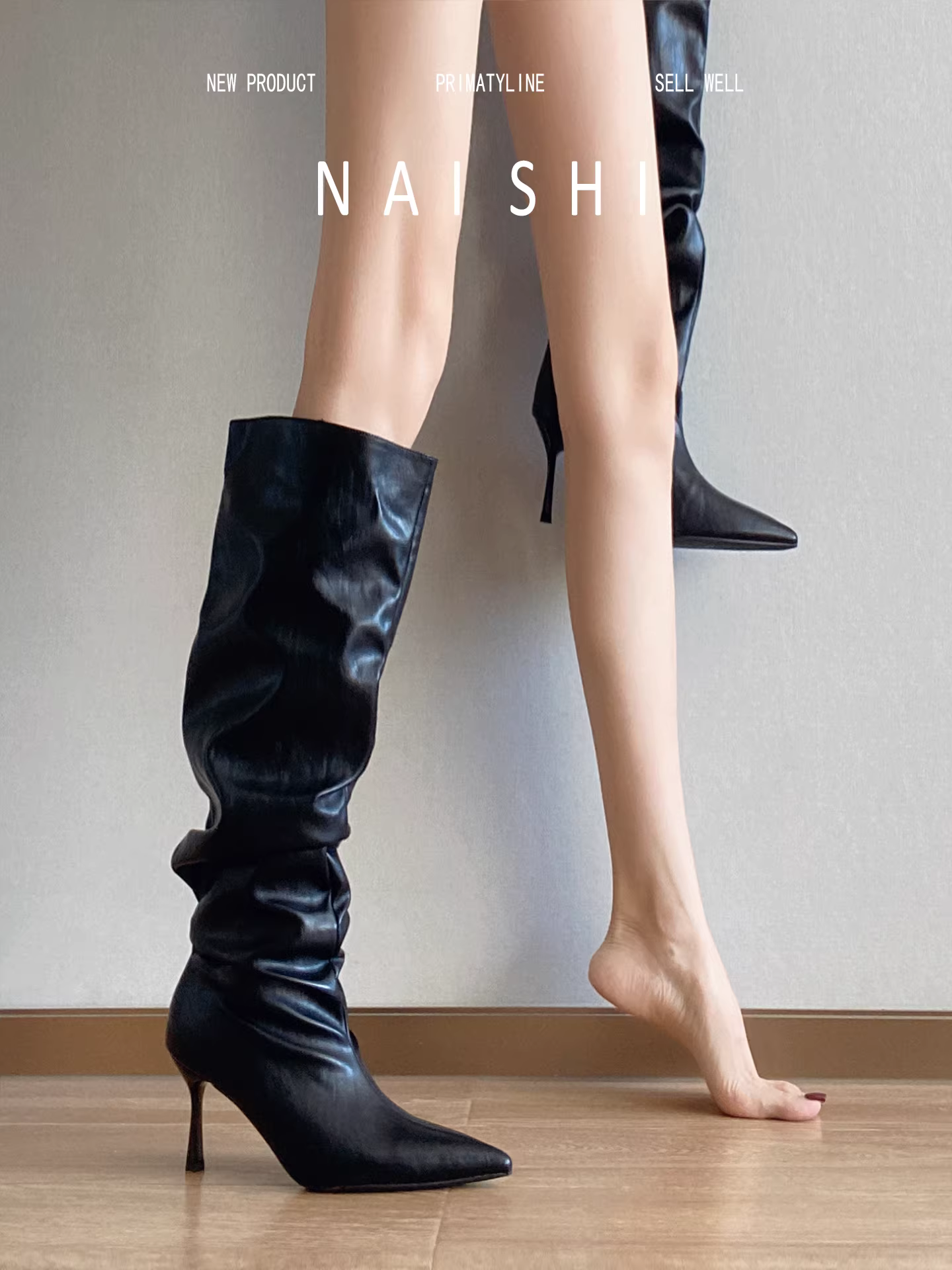 Phiên bản da cừu! Giày bốt mũi nhọn kiểu hot girl, giày bốt cao gót kiểu wasteland, giày bốt đen dài, giày bốt cao gót ôm sát dành cho nữ.