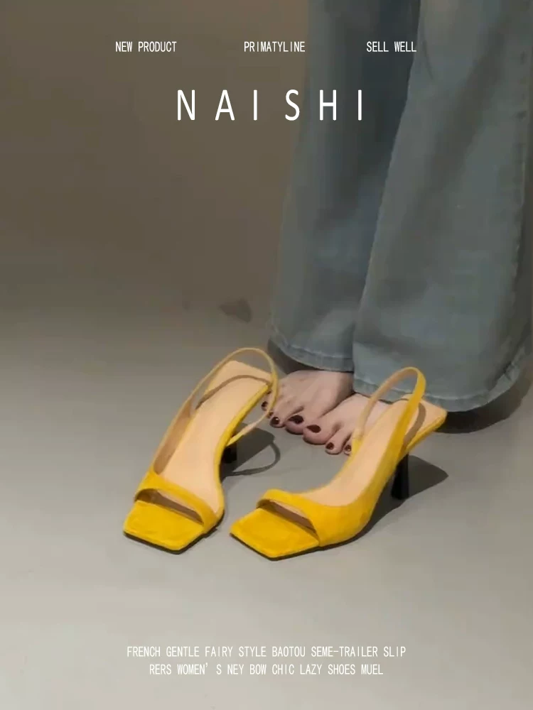 Phiên bản da cừu! Dép quai ngang mũi vuông dành cho nữ, phong cách Pháp mùa hè, phối cùng váy, giày cao gót, giày cao gót đen không gót.