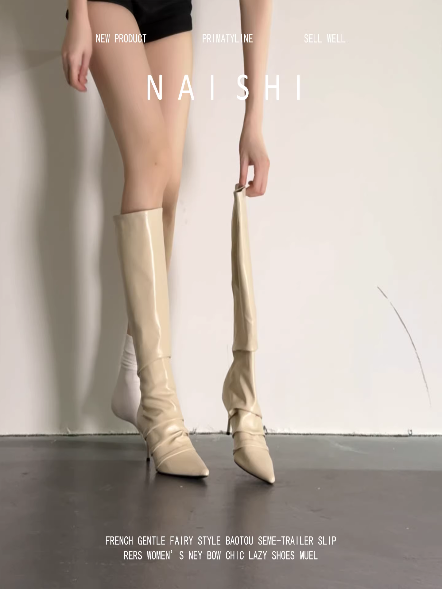 Phiên bản da cừu! Giày bốt dài màu trắng kiểu Pháp, mũi nhọn, gót cao, kiểu ôm sát, gót nhọn, kiểu xếp ly.